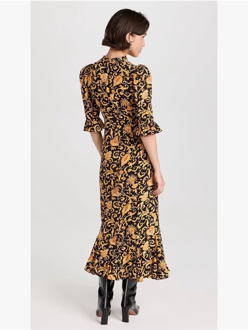RHODE Felix Dress Black & Gold Floral Midi Dress with Ruffle Hem Sz 10 - Picture 5 of 17